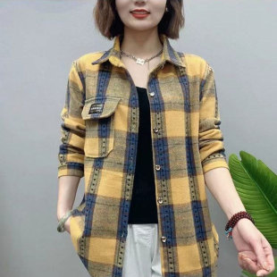 时髦格子衬衫女士2023秋季新款百搭宽松休闲长袖毛呢外套妈妈装潮