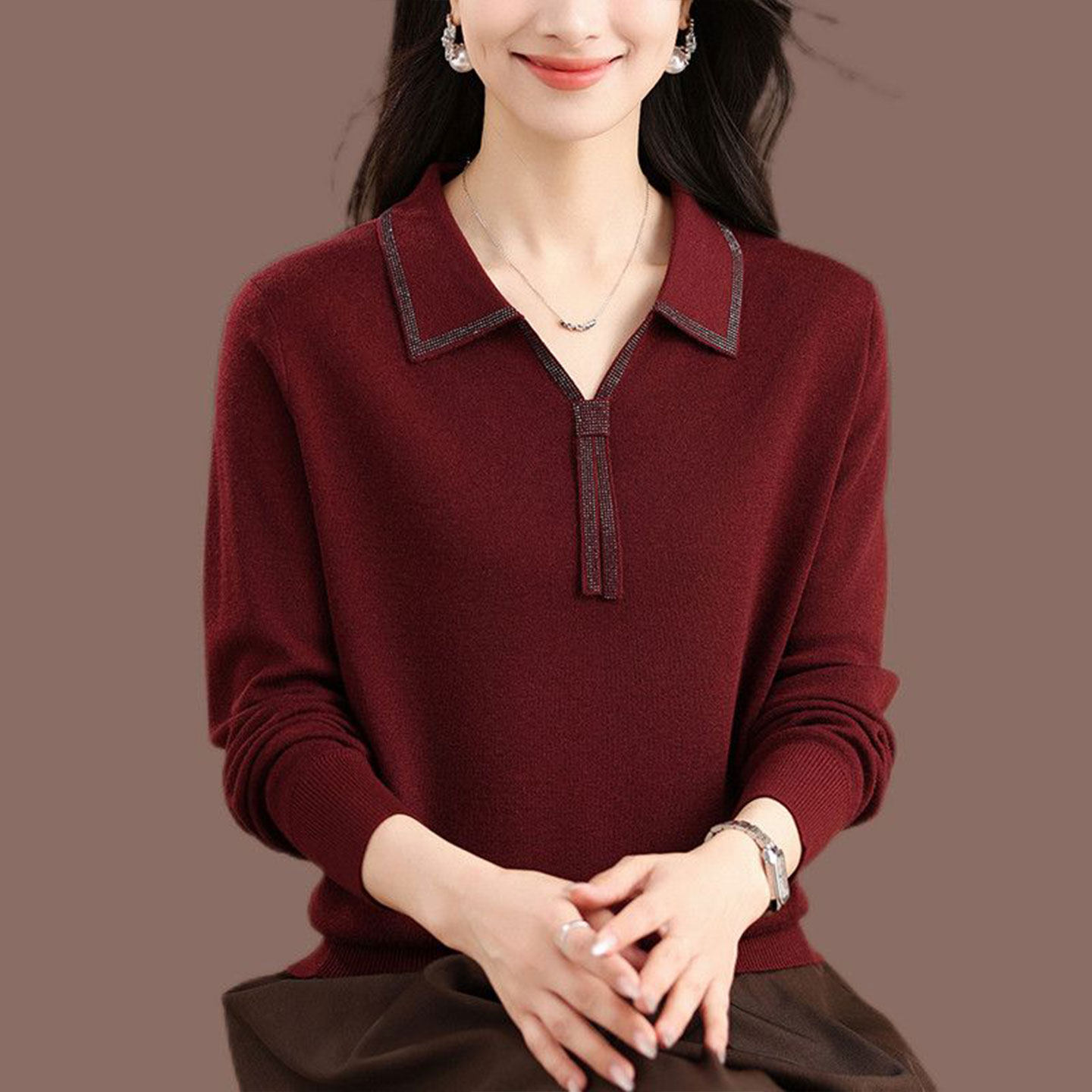 洋气烫钻翻领妈妈装针织衫妈妈装