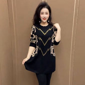 宽松时尚 高档妈妈装 洋气遮肚烫钻上衣女 2024春季 新款 中长款 针织衫