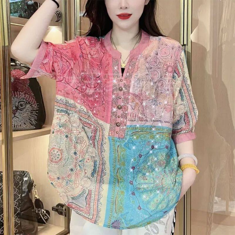 重工烫钻印花拼色中袖2023夏季新款衬衫韩版大码女装遮肉百搭上衣