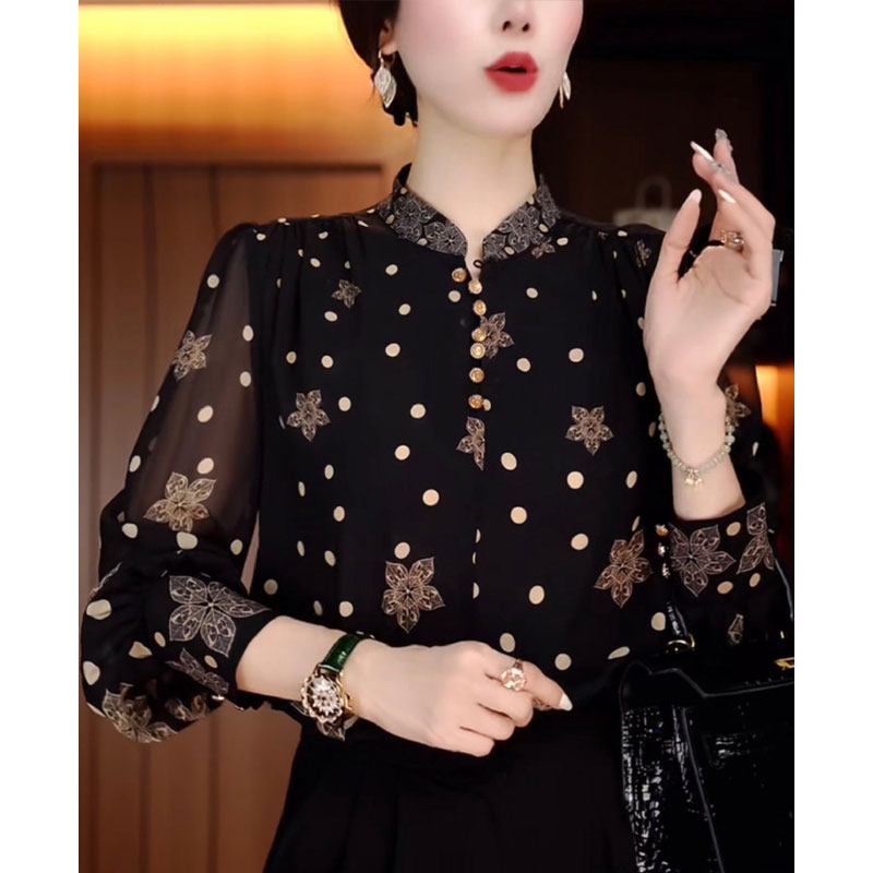 时尚波点印花立领衬衣女春夏新款宽松遮肉长袖洋气妈妈装薄款上衣