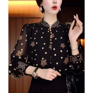 时尚波点印花立领衬衣女春夏新款宽松遮肉长袖洋气妈妈装薄款上衣