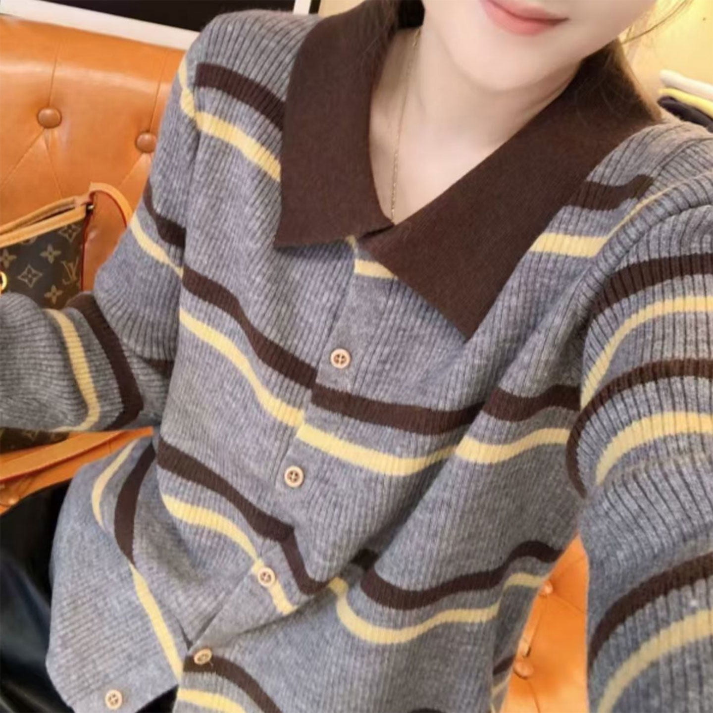 撞色韩系条纹针织衫领针织复古女