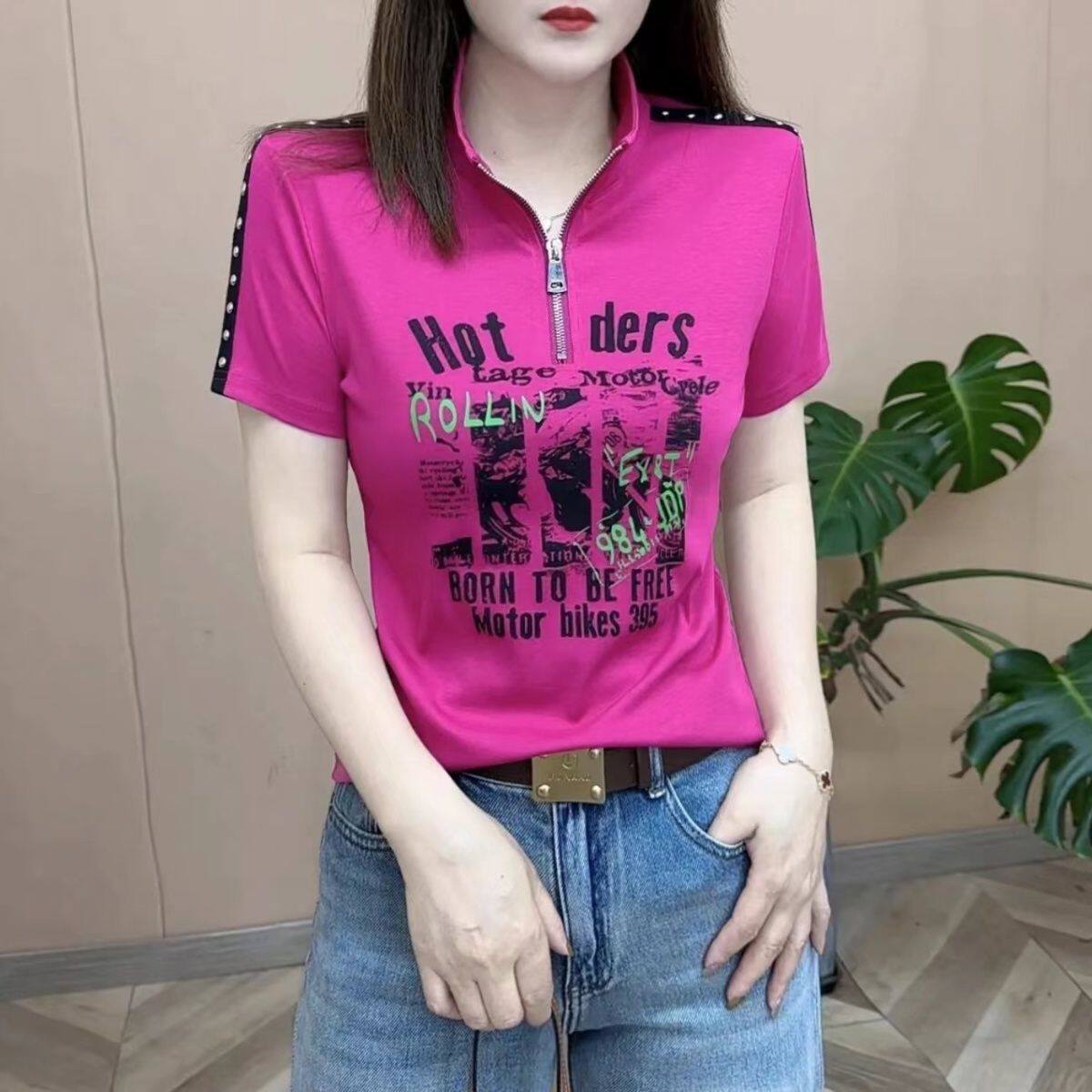 短袖减龄印花时尚妈妈装半拉链女图片