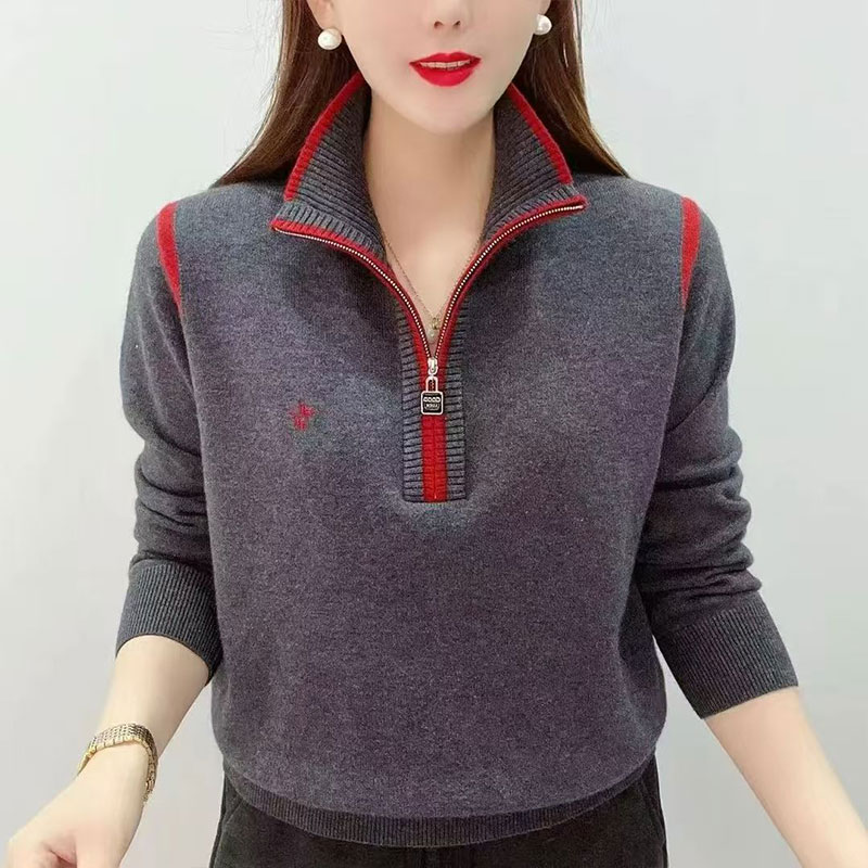 新款妈妈装半开领撞色针织衫女士
