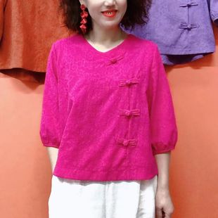 洋气女装 民族风高档盘扣2023夏季 t恤衬衣中老年妈妈装 七分袖 新款