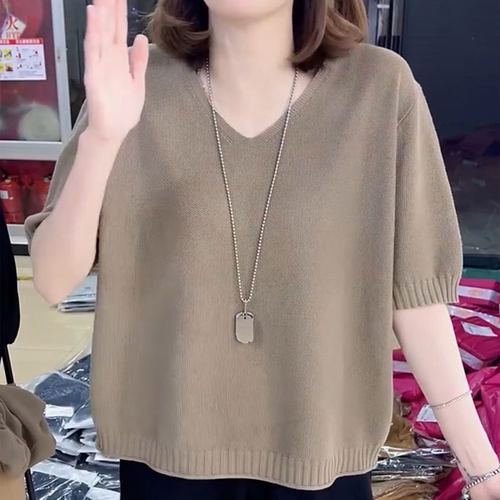 V领纯色针织衫时尚百搭妈妈装女