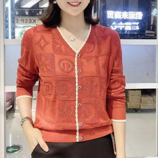 妈妈针织衫 洋气镂空V领套头小衫 宽松显瘦百搭长袖 新款 女2023秋季