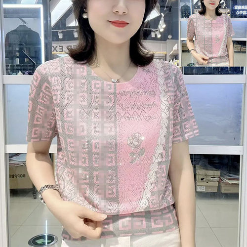 短袖洋气印花透气妈妈装圆领女士