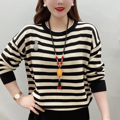 圆领套头条纹针织打底衫长袖百搭