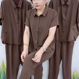 夏季新款时尚妈妈休闲短袖衬衫套装女洋气纯色宽松显瘦减龄两件套
