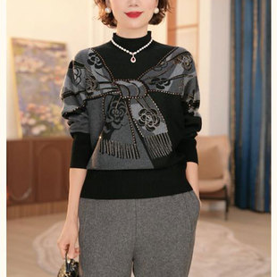 宽松显瘦长袖 冬装 女时尚 洋气妈妈拼色提花针织衫 打底毛衣 2025新款