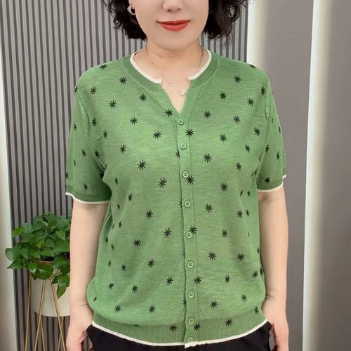 时尚印花薄款短袖针织开衫妈妈装