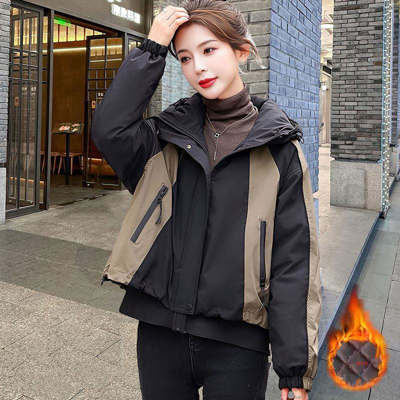 时尚拼色夹克棉服女2024秋冬新款宽松休闲百搭加厚连帽冲锋衣外套