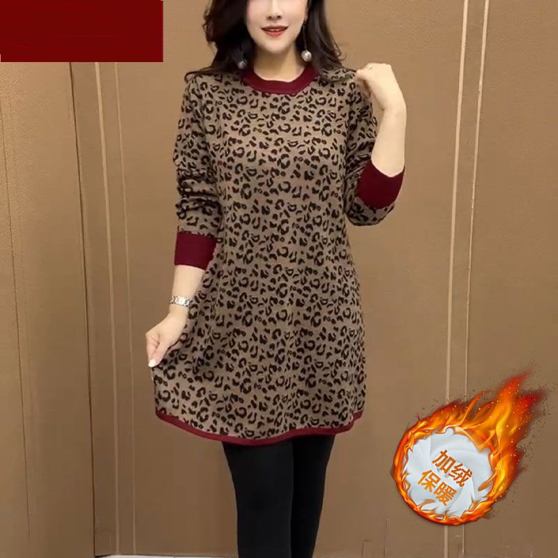 加绒宽松洋气豹纹打底衫中长款女