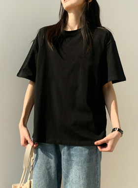 夏季纯黑色t恤女棉质短袖半袖宽松港味内搭上衣纯色大码学生ins潮