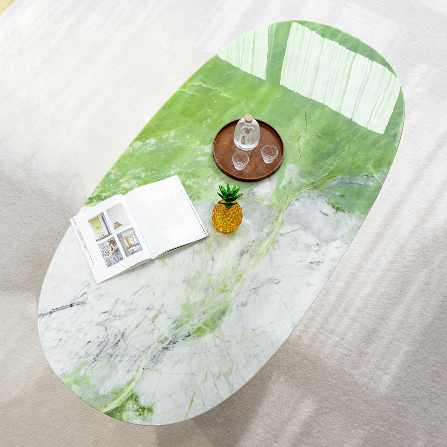 天然冰川绿大理石餐桌轻奢极简风设计师小户型客厅椭圆形奢石饭桌