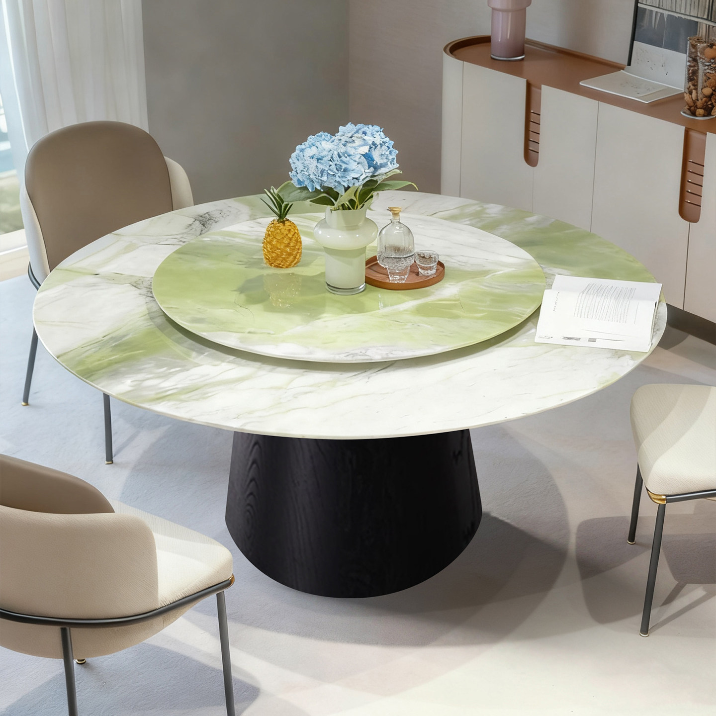 天然冰川绿奢石餐桌椅组合意式极简风轻奢家用别墅客厅圆形餐桌,住宅家具,大理石餐桌,淘宝优惠券,粉丝福利购,淘宝优惠卷