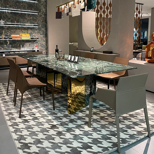 天然普拉达绿奢石餐桌意式极简别墅客厅轻奢高级感长方形餐桌椅
