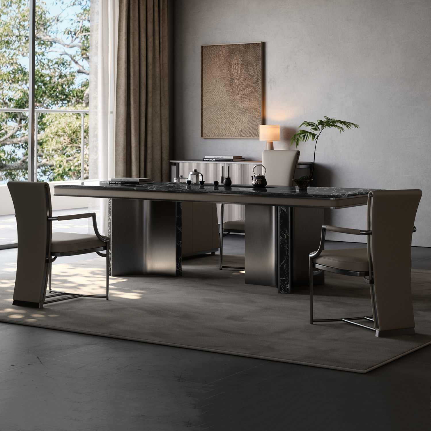 天然黑玫瑰奢石茶桌简约办公室创意大理石茶桌椅组合大板泡茶台