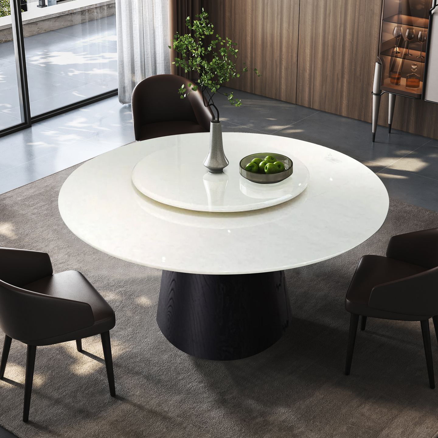 白水晶奢石圆餐桌意式极简带转盘
