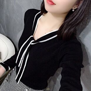 V领上衣女春秋款 打底衫 T恤女外穿学院风系带百搭短款 2025针织长袖