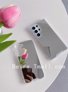 补妆镜面S23FE手机壳适用三星S24 ultra透明软边Samsung note20保护套A54 A52S简约银色A13 A25 防摔S22 plus