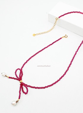 玫红尖晶蝴蝶结设计感项链小众