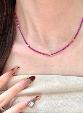 法式小众夏季沙滩度假风纯银红刚玉小花串珠项链多巴胺叠戴项链