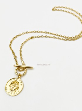 欧美银镀18k金不规则金币罗马复古美男子T型扣吊坠毛衣链纯银项链