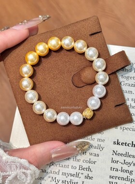 S925纯银民族风渐变黄色贝珠手链手串百搭简约设计感小众ins风