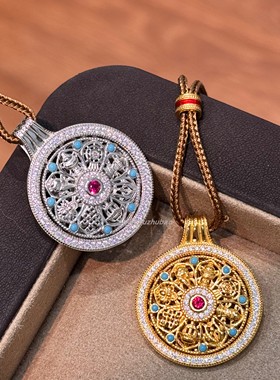 新中式复古国潮925纯银可旋转蓝松罗盘棕绳项链直播货源批发时尚