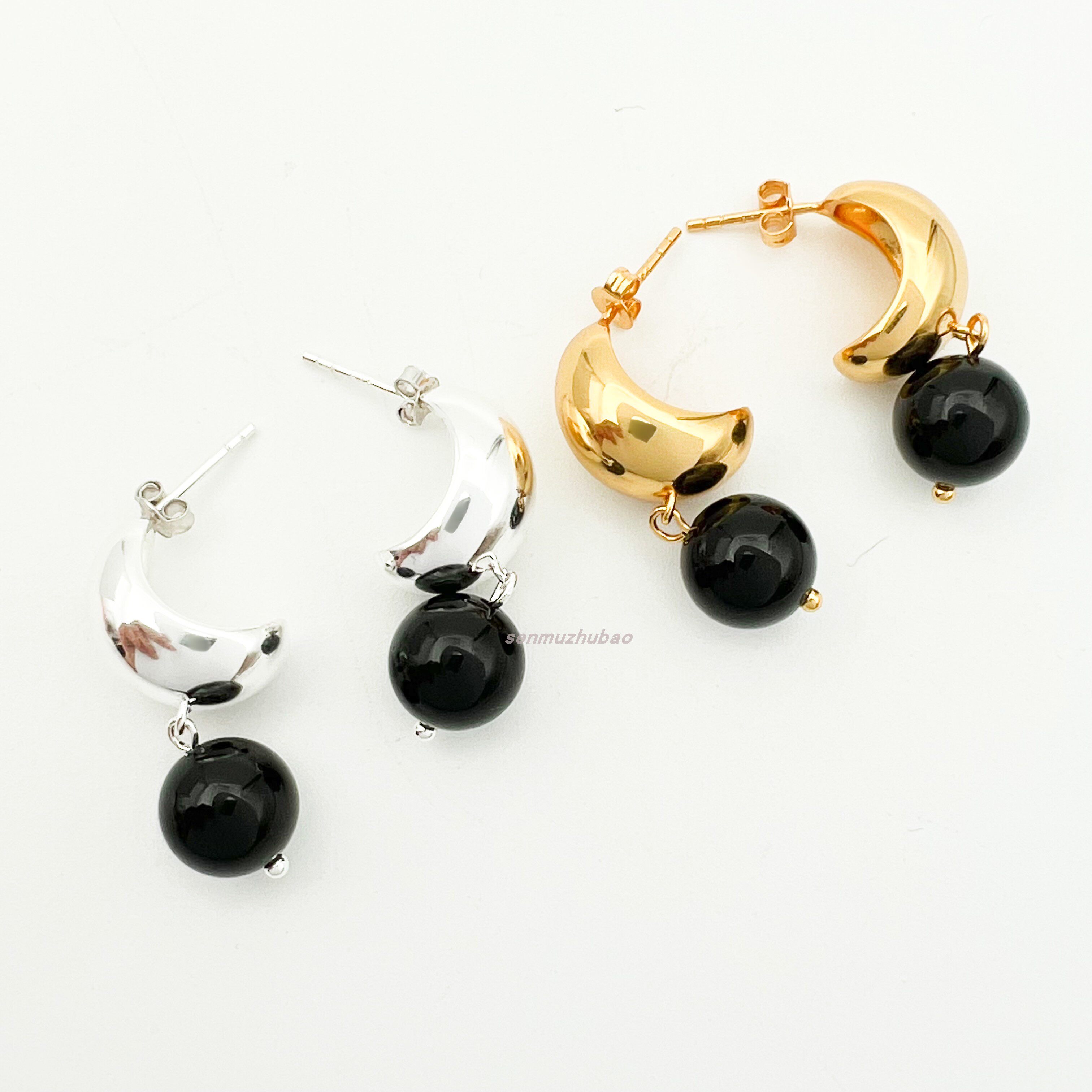 设计感高级小众纯银耳钉镀22k金天然黑玛瑙圆球吊坠简约法式气质