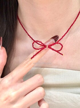 ins风博主同款925纯银红水晶琉璃蝴蝶结项链甜酷风辣妹串珠项链