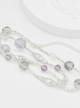 新品925银玻利维亚紫水晶绿幽灵白水晶项链锁骨链小众设计度假风