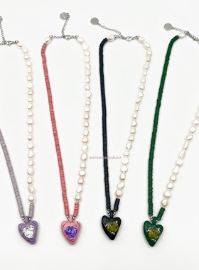 爱心珐琅彩色天然珍珠拼接项链