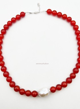 国潮新中式红玛瑙项链天然巴洛克珍珠优雅气质高级感喜庆新年红