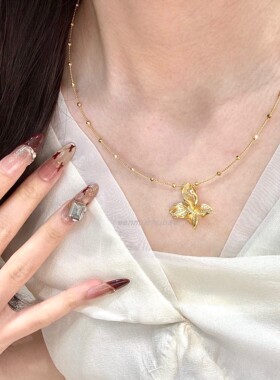 S925纯银拉丝镶钻蝴蝶四叶花蹦迪珠项圈项链高级感轻奢时尚复古