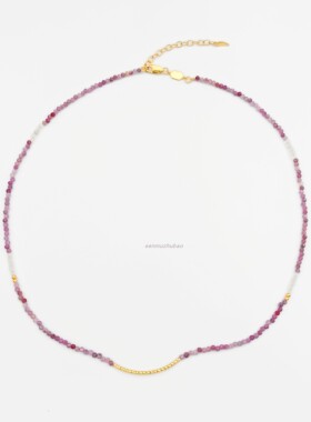 S925纯银粉色红宝石榴碎银镭射串珠项链女气质百搭vintage锁骨链