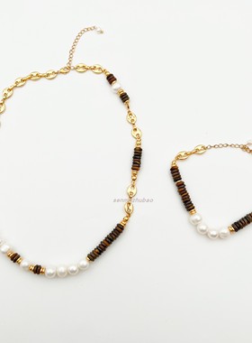 美拉德配色猪鼻子虎眼石拼接淡水珍珠项链高品质淘宝爆款