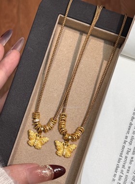 925纯银新中式复古精致重工蝴蝶镶钻万能扣吊坠棕绳盘缠抽拉项链