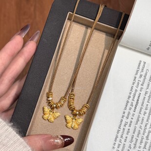 925纯银新中式复古精致重工蝴蝶镶钻万能扣吊坠棕绳盘缠抽拉项链