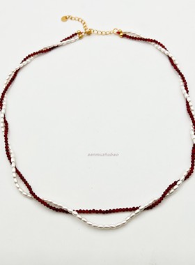 天然玛瑙璀璨闪耀双层缠绕珍珠纯银项链手工红色串珠轻奢秋冬新款