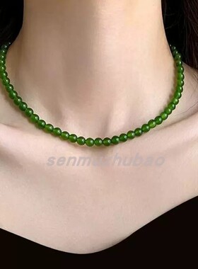 文艺风S925纯银新中式复古气质民族风4m绿色马来玉圆珠串珠项链