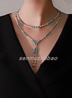 复古轻奢S925纯银创意百搭多用磁吸扣松石珍珠项链长款毛衣链