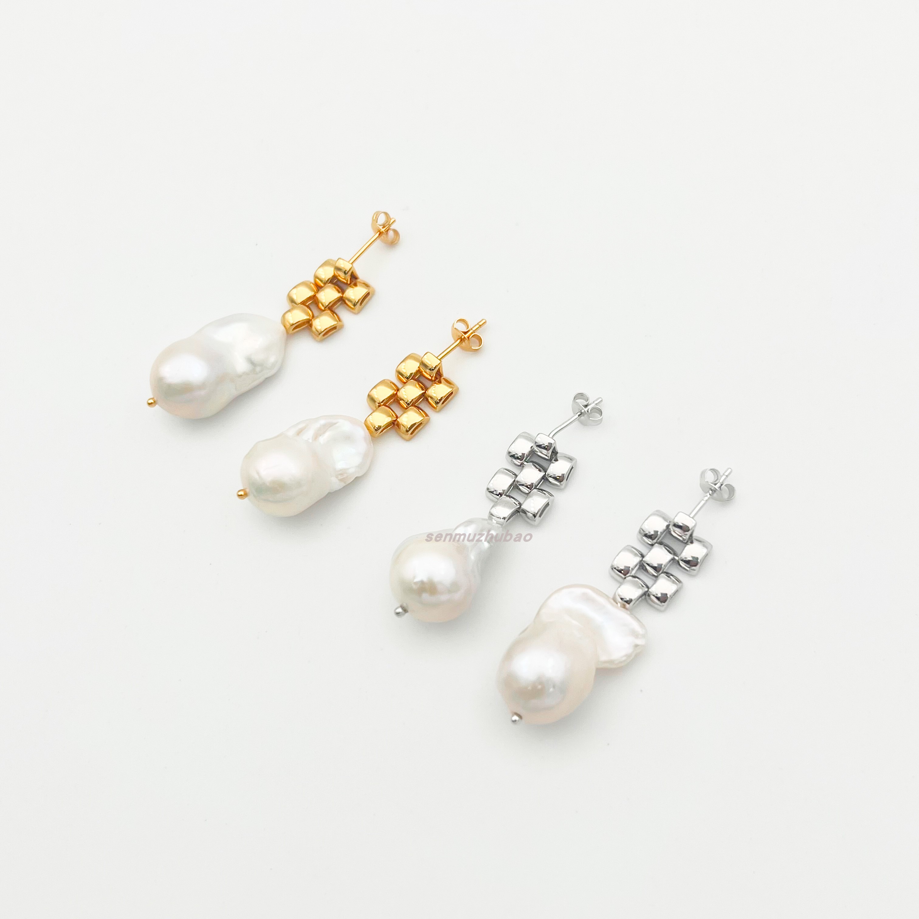 天然巴洛克珍珠耳钉时髦拼接链条