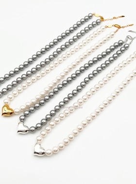 法式光面立体爱心纯银珍珠项链