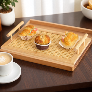 创意竹制托盘木质可手提水果点心盘长方形仿藤编茶托盘餐厅咖啡店