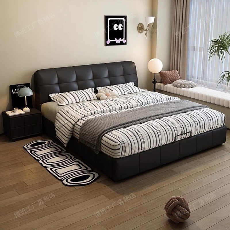 意式极简真皮床主卧泡芙床储物床