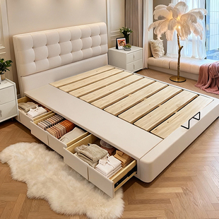 政府补贴奶油风华夫格真皮床主卧现代简约双人床储物双人软包婚床